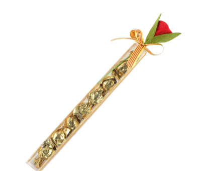 estuche con croquis de chocolate y flor día de san jorge